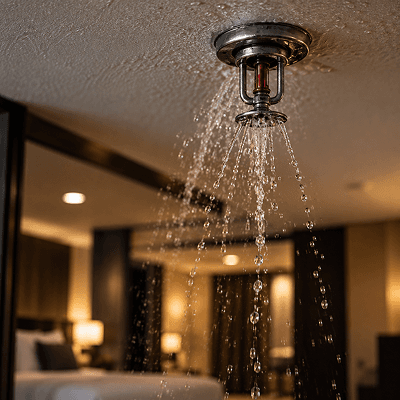 Ceiling sprinkler discharging water in a hotel room