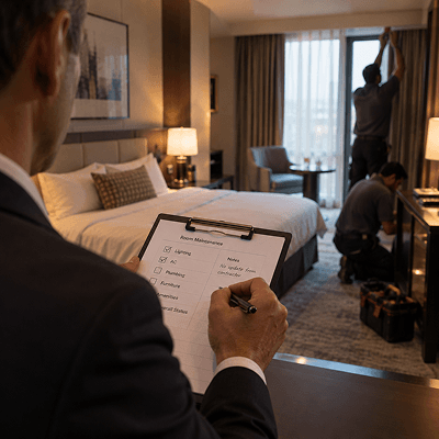 Manager reviewing a maintenance checklist while unsupervised work happens in the room